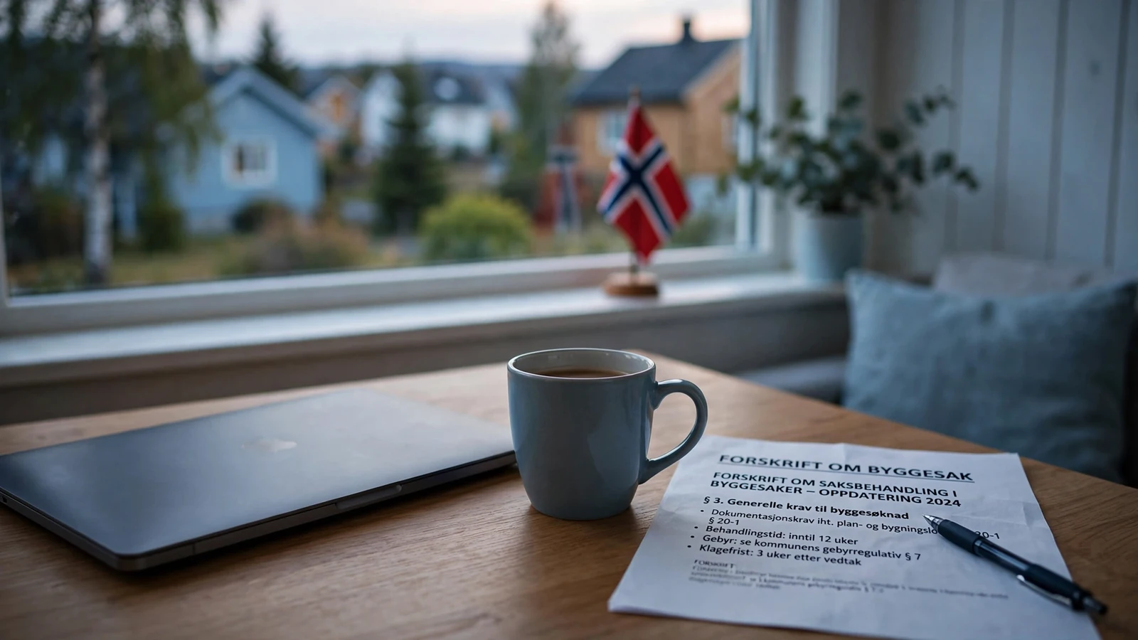 Skrivebord med lukket bærbar pc, dokumenter og kaffekopp i norsk hjem
