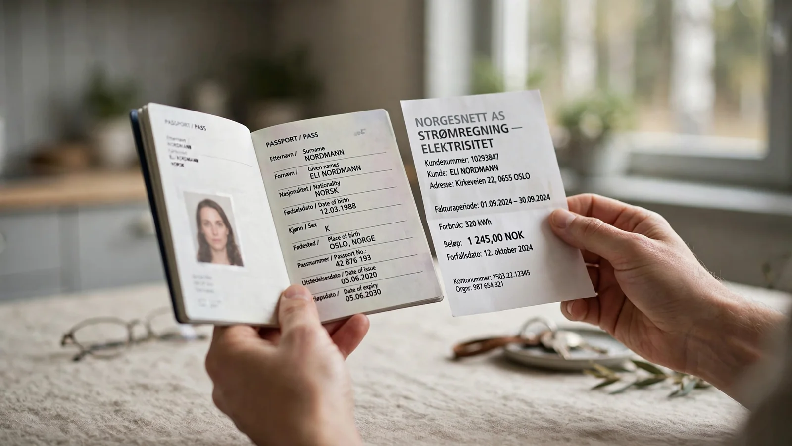 Hendene holder pass og dokumenter for identitetsverifisering