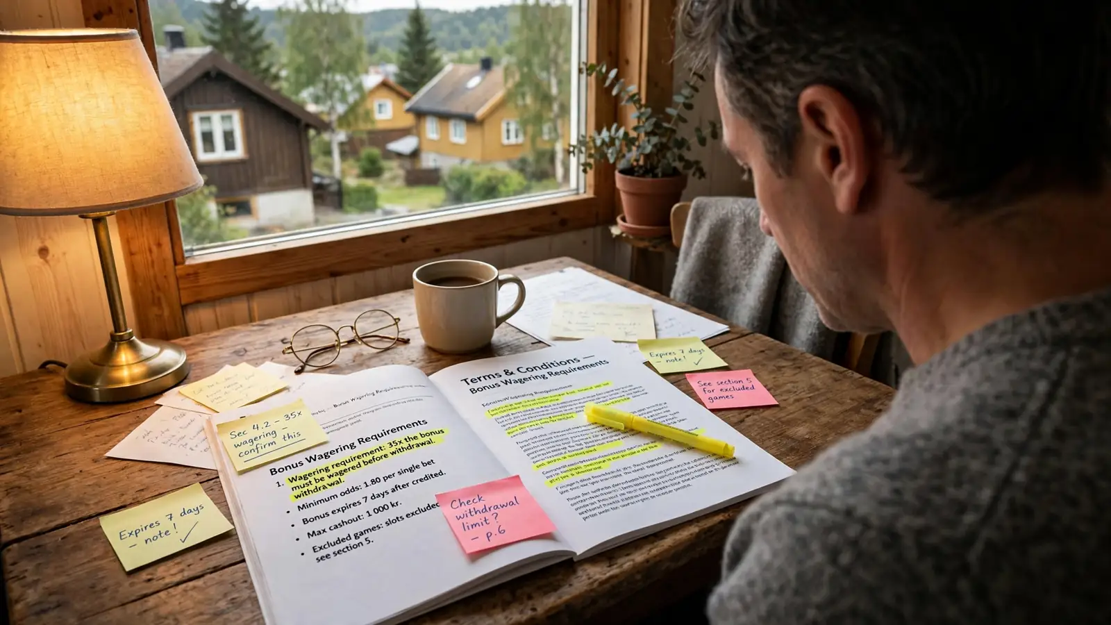 Person som leser trykte vilkår for et bonustilbud